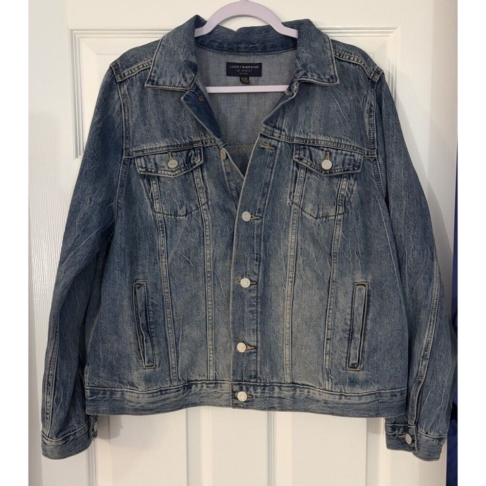 Lucky Brand Womens 1X Wash Denim Trucker Jacket Raw Hem Blue Size 1X RN80318